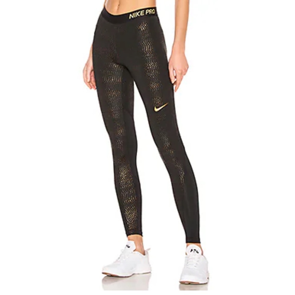 Women’s NIKE Black and Gold Shiny Metallic Dot DriFit Leggings Size Small